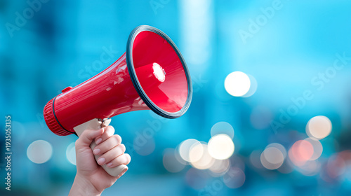 Hand holding a red megaphone on a blue background with soft white bokeh lights with communication and public