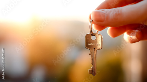 Hand holding a key with an access tag in natural sunlight highlighting the metallic texture and blurred background
