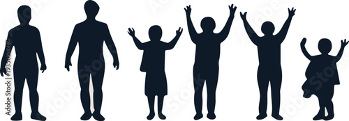 Silhouette family children collection, growth stages vector design, black illustration artwork, parent child concept, playful poses icons, social dynamics set