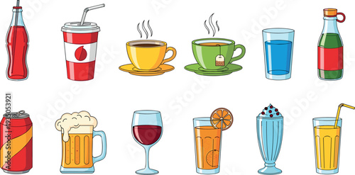 Beverage and Drink Icon Set with Soda Coffee Tea Beer Wine Milkshake Juice and Soft Drink Symbols for Cafe Menu Design