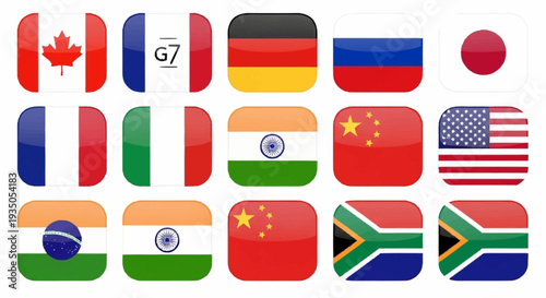Collection of International Flags Representing G7 and BRICS Nations.