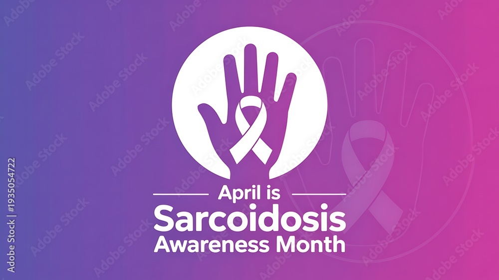 Fototapeta premium April sarcoidosis awareness month background featuring purple ribbon and hand symbol on colorful gradient backdrop for medical outreach and global health campaign communications text