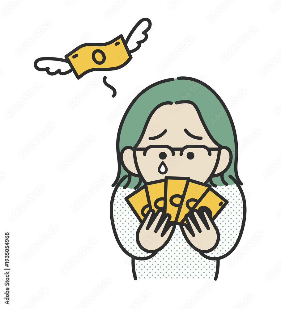Naklejka premium 支出が増えお金が飛んでいくイメージのイラスト