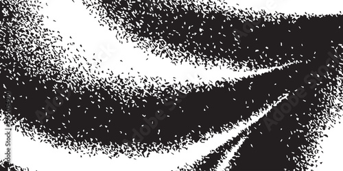 Abstract black and white stippled pattern with dynamic wavy shapes and grainy texture, creating a visually engaging monochromatic design.