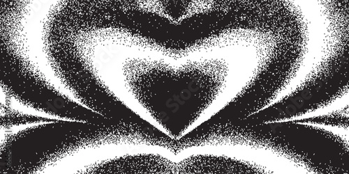 Abstract black and white heart shape with grainy texture and swirling patterns.