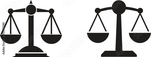 Black silhouette of two sets of balance scales on white background