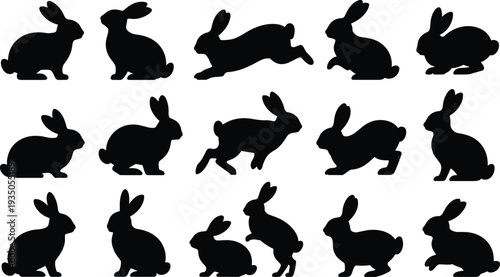 Silhouette rabbit collection, animal vector design, black illustration artwork, bunny poses concept, wildlife profile icons, domestic pet artwork set