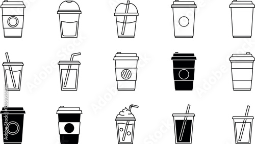 Coffee Cup Icon Set with Takeaway Beverage Cups Plastic Drink Containers and Cafe To Go Symbols for Menu Apps Restaurants and Branding