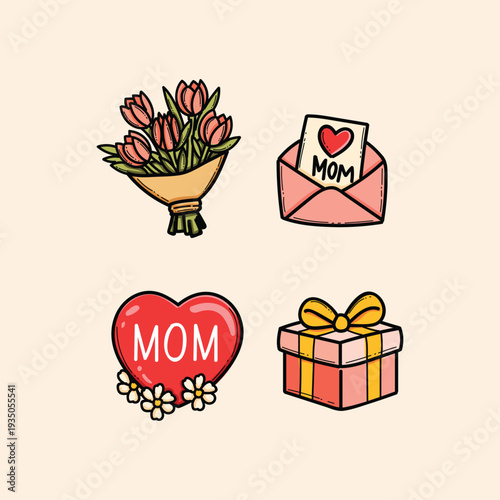Mother's Day Icons Set Bouquet, Love Card, Heart Badge and Gift Box Cute Vector Illustration