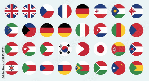 Collection of International Country Flags in Circular Icons.