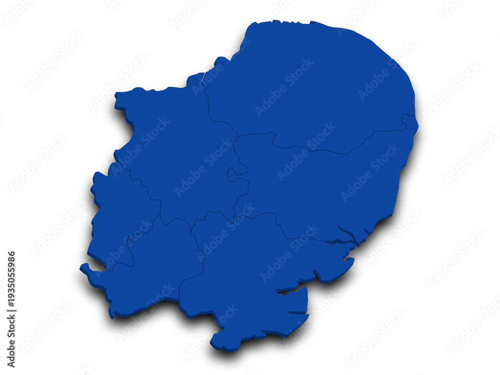 Fototapeta premium 3d East of England map, UK. Detailed high-quality illustration showing the administrative region geography boundaries isolated in white background.