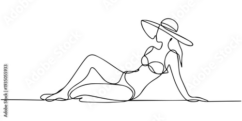 continuous one line drawing Vector illustration of a woman in bikini and sun hat