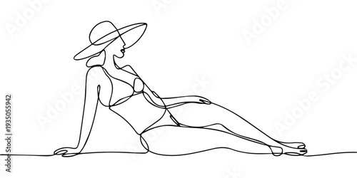continuous one line drawing Vector illustration of a woman in a swimsuit and hat lying down