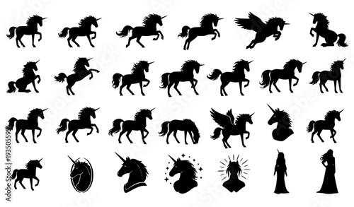 Unicorn Silhouette Vector Set with Magical Fantasy Horse Poses Collection