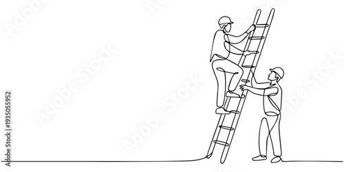continuous one line drawing Vector illustration of two workers with a ladder