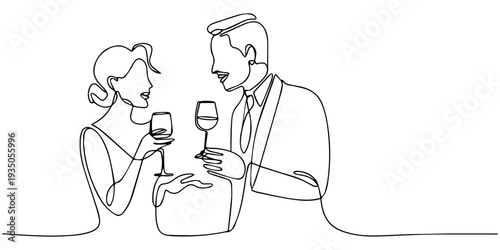continuous one line drawing Vector illustration of couple toasting with wine glasses