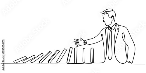 Continuous line drawing of businessman stopping falling dominoes vector