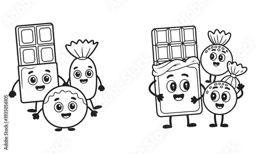 Cute Cartoon Chocolate and Candy Characters – Kawaii Sweet Mascot Vector Illustration Outline for Coloring Page