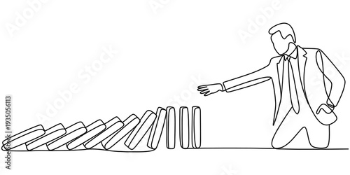 continuous one line drawing Vector illustration of businessman stopping domino effect