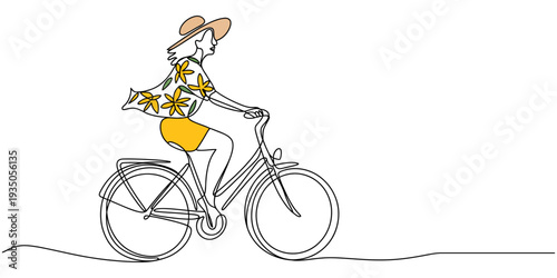 continuous one line drawing Vector illustration of woman riding bicycle with dog