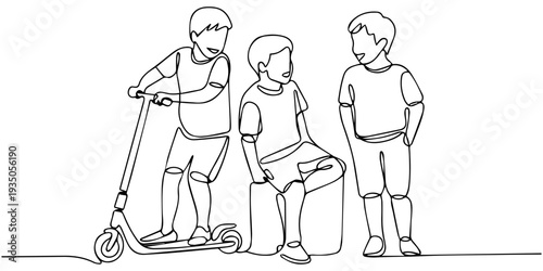 continuous one line drawing Vector illustration of three boys, one riding a scooter