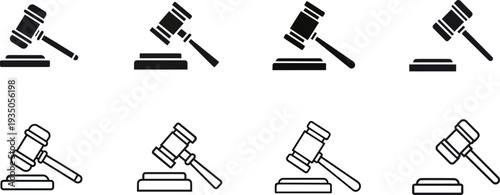 Eight different gavel icons in various positions and angles