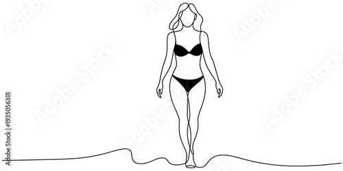 continuous one line drawing Vector illustration of a woman in bikini walking on beach