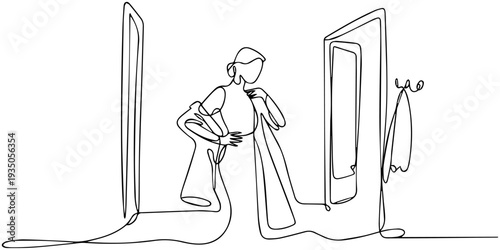 continuous one line drawing Vector illustration of woman choosing clothes in closet