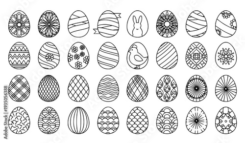 Decorative Easter Egg Flat Line Icons with Ornamental Spring Patterns Vector Set