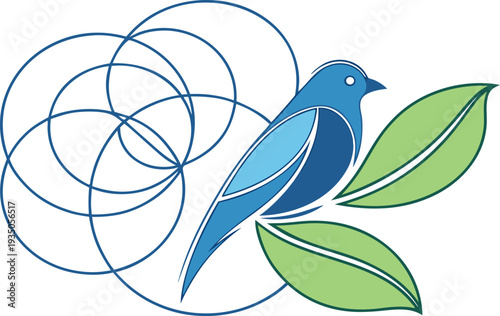 A cute bullfinch bird sits on a floral tree branch in this winter nature vector illustration featuring a cartoon silhouette design with spring leaves and decorative art