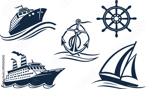 Vector illustration set of sailing ships and nautical vessel icons featuring sailboats, yachts, and fishing boats for sea travel and ocean adventure design on summer water waves