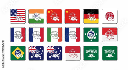 Collection of International Flags with Emblems and Symbols.