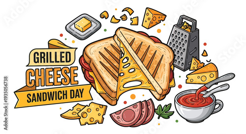 Grilled Cheese Sandwich Illustration with Ingredients.