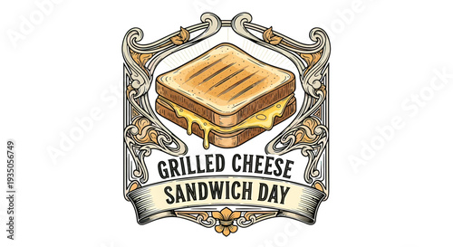 Grilled Cheese Sandwich Illustration with Ornate Frame.