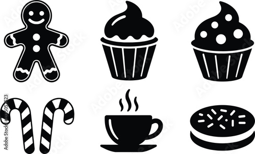 Christmas sweets and hot drink silhouettes set isolated on white background gingerbread cupcake candy cane coffee and cookie holiday icon collection