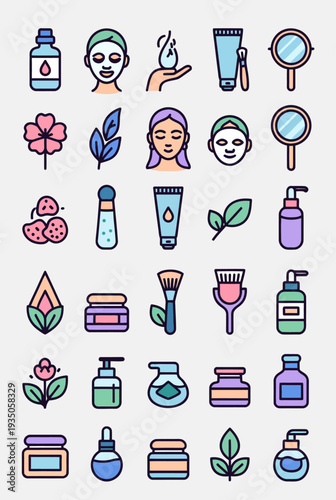Vector icon sheet featuring beauty and wellness icons, skincare products, and cosmetic illustrations in a flat design style