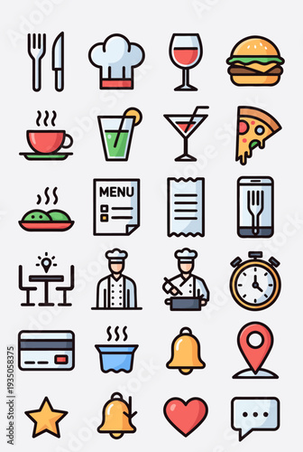 Collection of restaurant icons, vector icon sheet, and symbols for dining, food, drinks, and service, illustrated in a modern style.