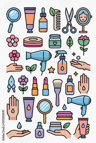 Vector icon sheet featuring beauty products, skincare routine, and grooming tools in a flat design vector sheet with icons representing hygiene and personal care