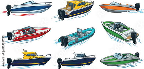 Speedboats and Motorboats Collection Fast Watercraft Set for Marine Transport Recreation and Fishing Activities Flat Cartoon Vector Illustration