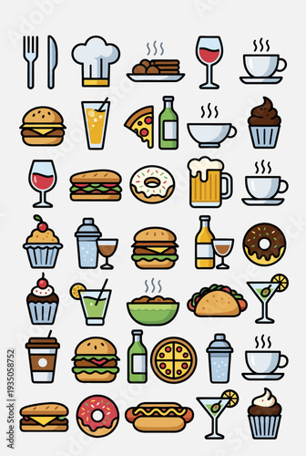 Collection of food and drink icons in a vector icon sheet featuring burgers, desserts, beverages, and meals