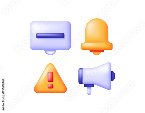 A collection of symbols or icons for the theme of notifications and information. Broadcast and communication. 3D style illustrations of messages, bells, megaphones, and warning signs. Elements, set
