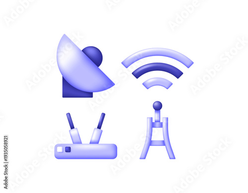 Collection of symbols or icons on the theme of communication, networking, and technology. Transmission and receiver. 3D style illustration of tower symbols, routers or access points, signals, and ante