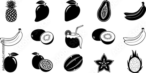 Tropical fruits black silhouettes set, pineapple, mango, and exotic fruits vector icons isolated on white background.