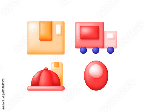 A collection of symbols or icons for delivery services. Pickup, packaging, delivery, tracking. 3D style illustration of a package, delivery truck, courier hat, and location sign. Element, set