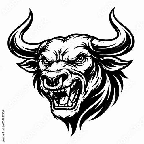 Fierce Bull Head Illustration with Sharp Horns and Aggressive Expression