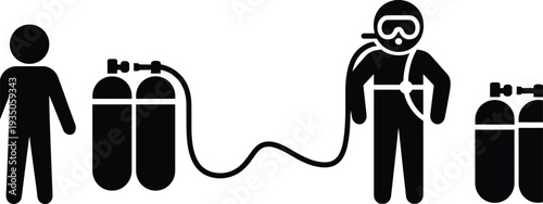 Scuba diver silhouette with oxygen tank and breathing apparatus, underwater diving equipment safety concept, black icon set isolated on white background illustration