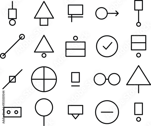 A collection of modern minimalist graphic elements arranged in a grid, ideal for interface design, creating clean and visually appealing content.