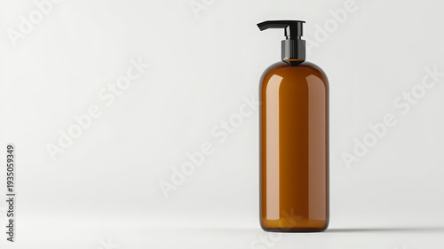 Amber plastic pump bottle with matte finish, minimal style, isolated on white background