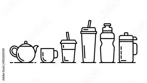 A diverse collection of outline vector icons displaying various beverage containers including teapots, cups, shakers, and bottles.