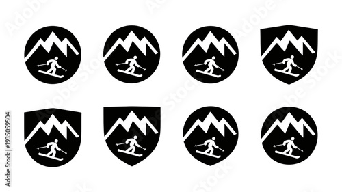 A set of eight black and white skiing icons, featuring skiers descending mountains within circular and shield shapes.